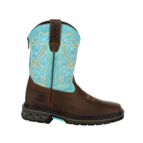 'Georgia Boot' Children's 8 Carbo-Tec Western Square Toe - Brown / Turquoise (Sizes 8.5C-3Y)