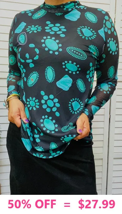 3X only.Black Top with Turquoise concho print and sheer long sleeves