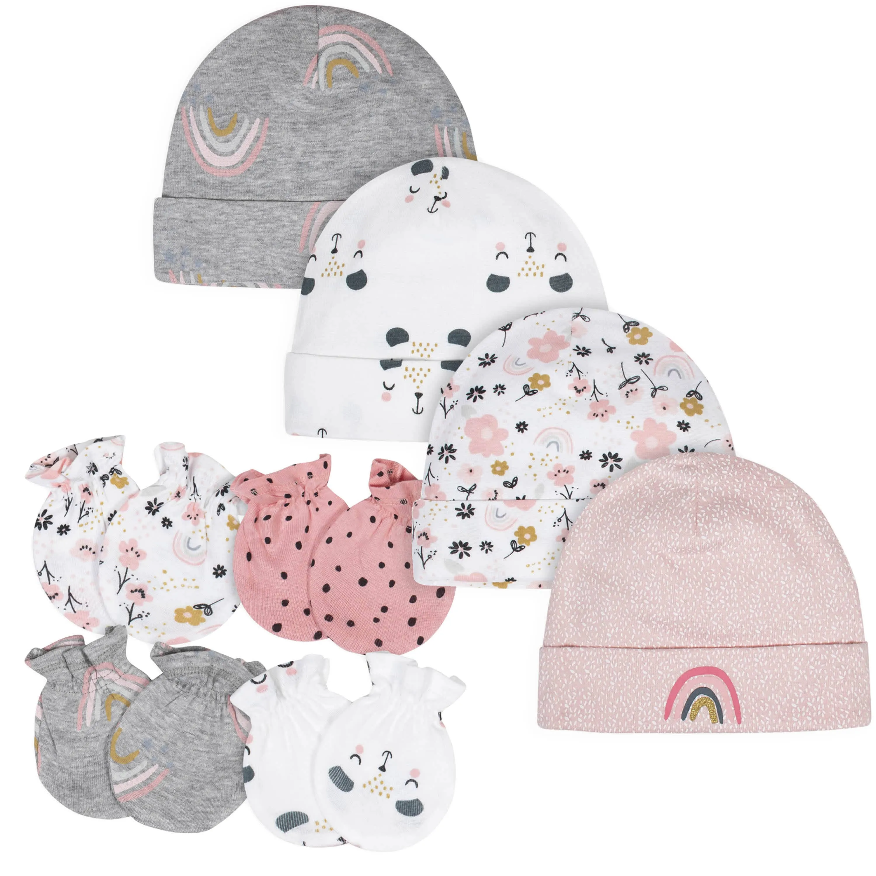 8-Piece Baby Girls Bear Caps & Mittens Set