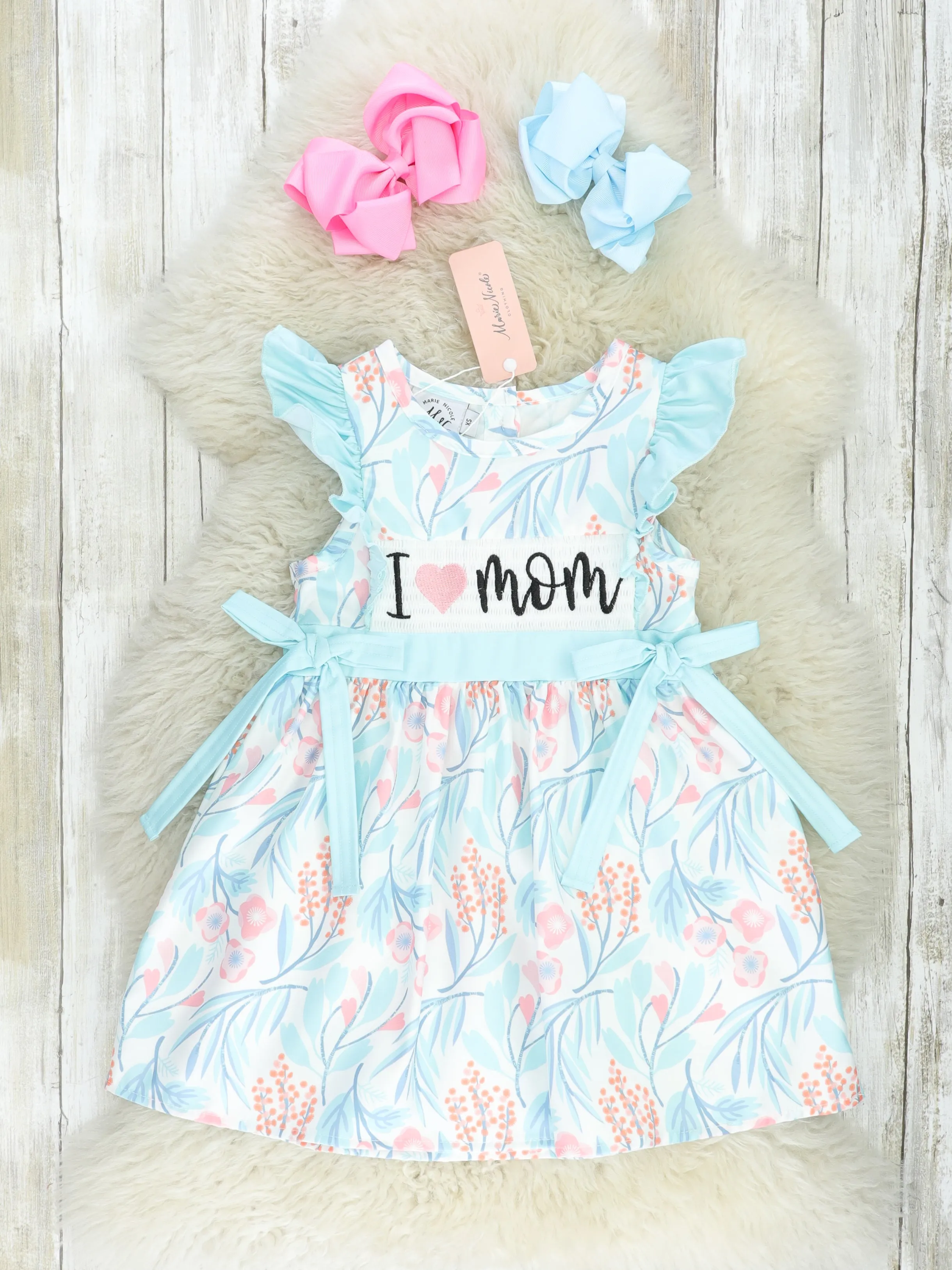 Aqua "I Love Mom" Smocked Dress