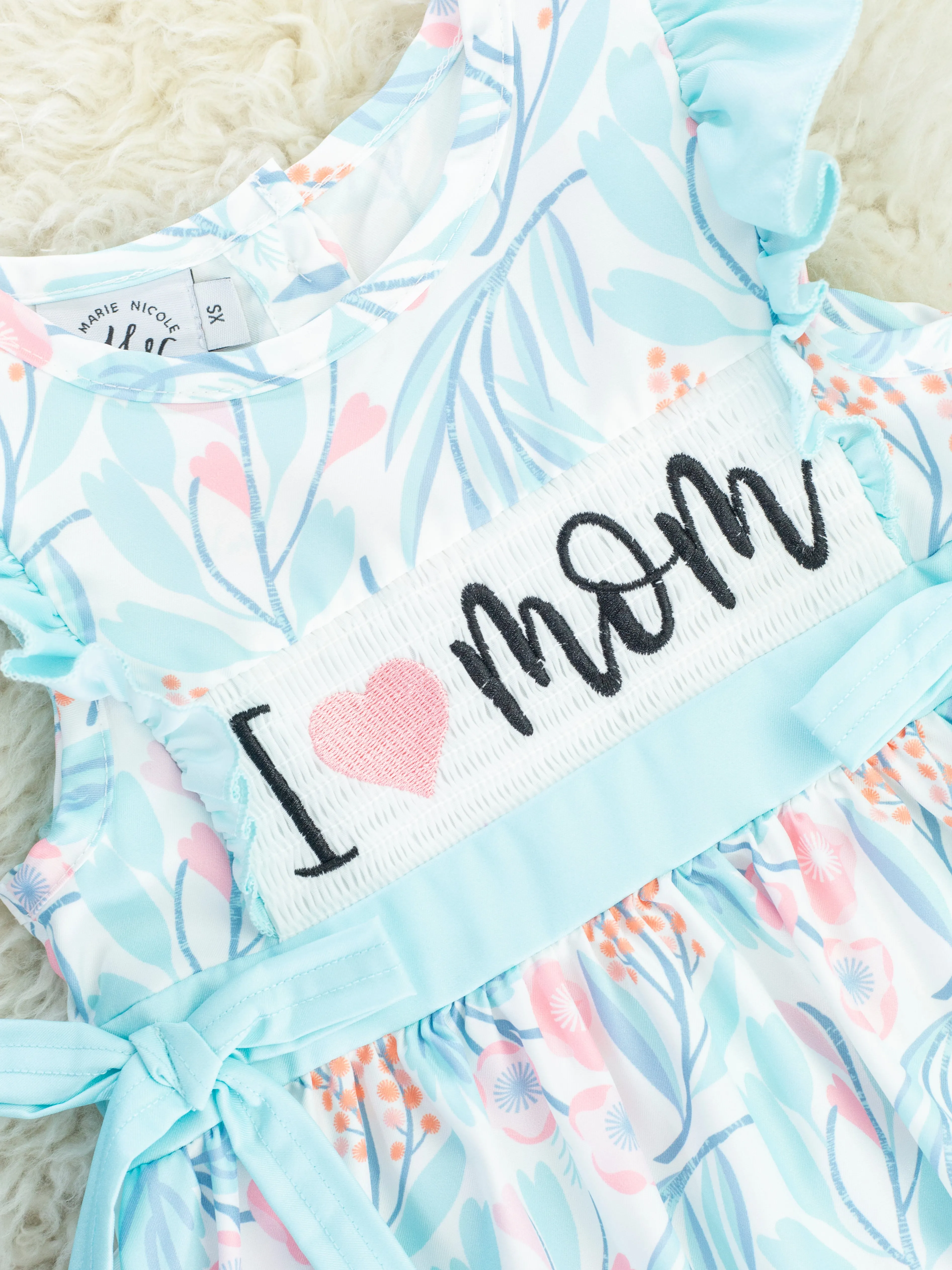 Aqua "I Love Mom" Smocked Dress