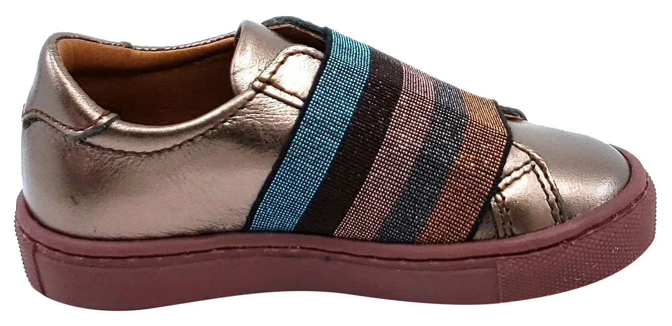 Atlanta Mocassin Girl's Leather Rainbow Elastic Band Slip-on Sneakers, Metallic