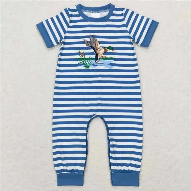 Baby Romper - Boys Applique - Duck In Flight Blue Stripe