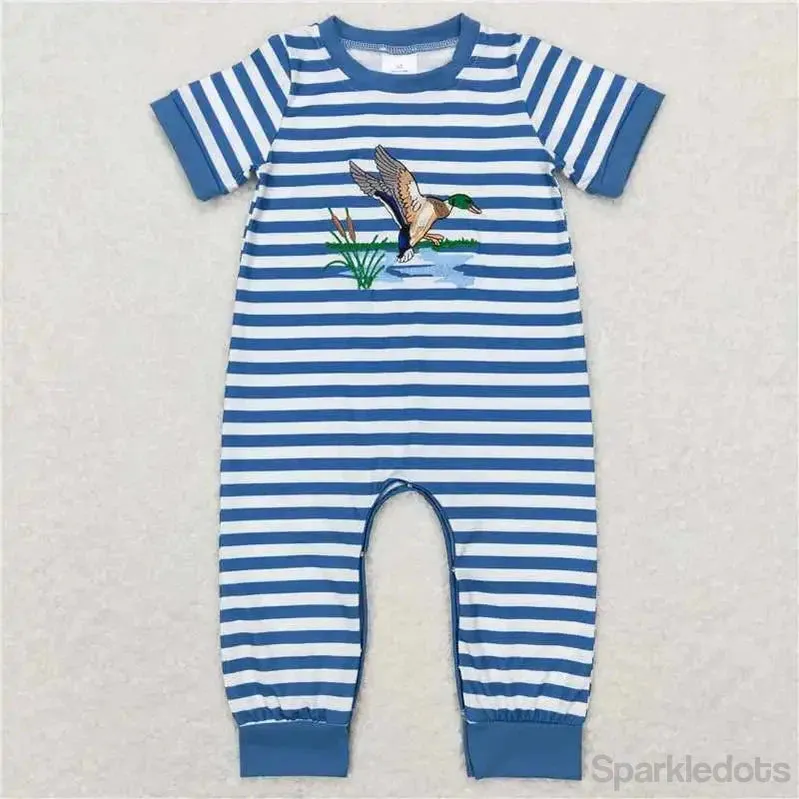 Baby Romper - Boys Applique - Duck In Flight Blue Stripe