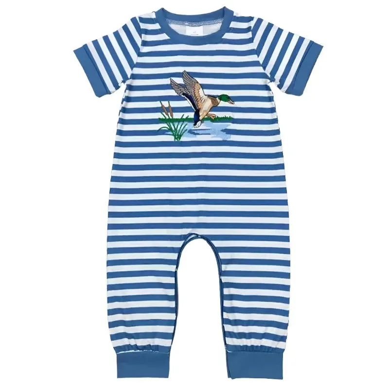 Baby Romper - Boys Applique - Duck In Flight Blue Stripe