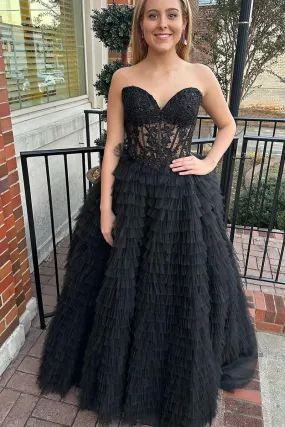 Black Sweetheart Tiered Tulle Long Prom Dresses with Appliques,BD930843