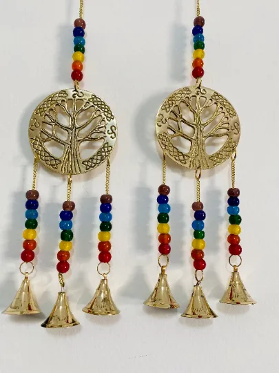 Chakra Windchime,Seven Chakra Wall Hanging,Metal Brass Tree of Life Windchime, Chakra Suncatcher with Beads,Gold Chakra Alignment Hanging