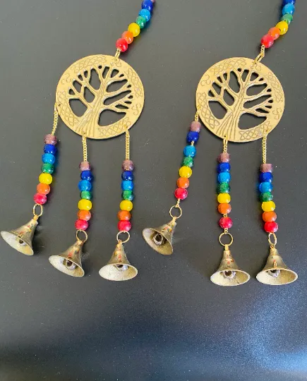 Chakra Windchime,Seven Chakra Wall Hanging,Metal Brass Tree of Life Windchime, Chakra Suncatcher with Beads,Gold Chakra Alignment Hanging