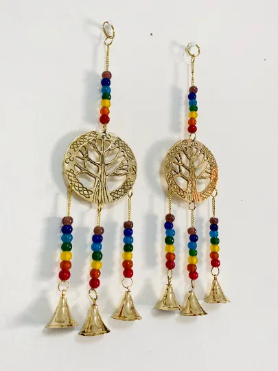 Chakra Windchime,Seven Chakra Wall Hanging,Metal Brass Tree of Life Windchime, Chakra Suncatcher with Beads,Gold Chakra Alignment Hanging