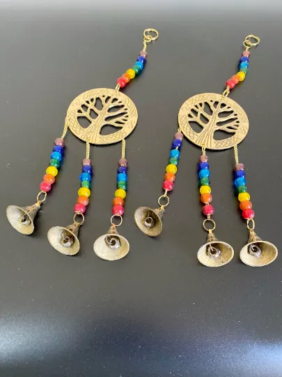 Chakra Windchime,Seven Chakra Wall Hanging,Metal Brass Tree of Life Windchime, Chakra Suncatcher with Beads,Gold Chakra Alignment Hanging