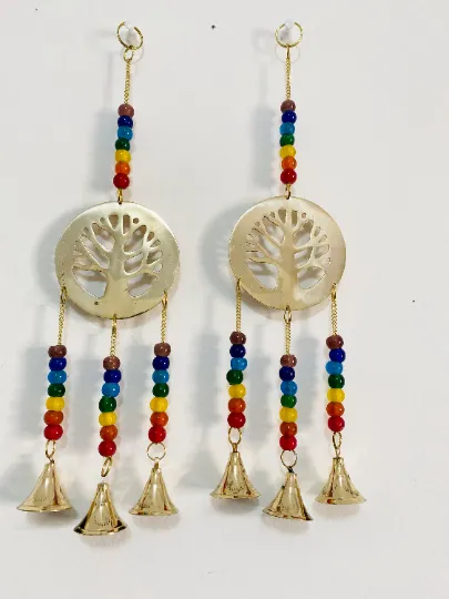 Chakra Windchime,Seven Chakra Wall Hanging,Metal Brass Tree of Life Windchime, Chakra Suncatcher with Beads,Gold Chakra Alignment Hanging