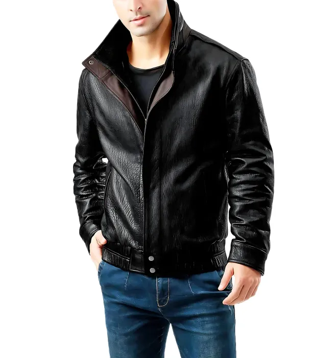 Dark Brown Double Collar Bomber Leather Jacket for Mens