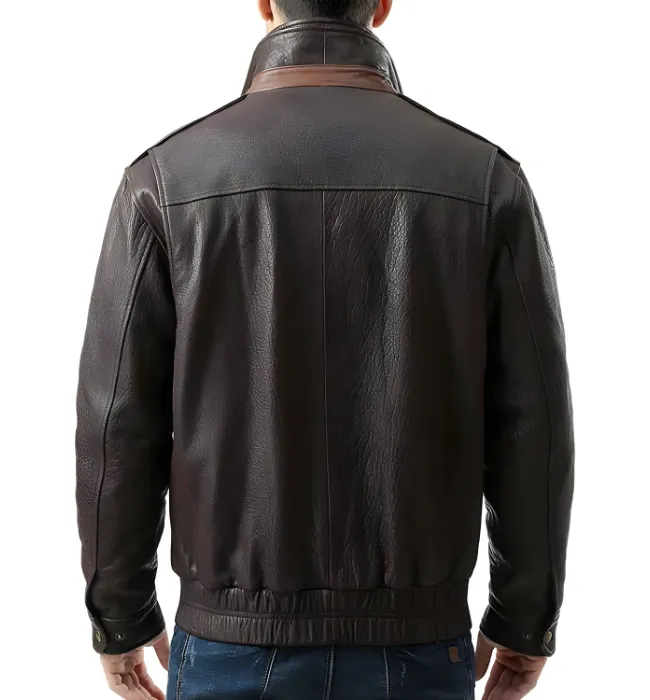 Dark Brown Double Collar Bomber Leather Jacket for Mens