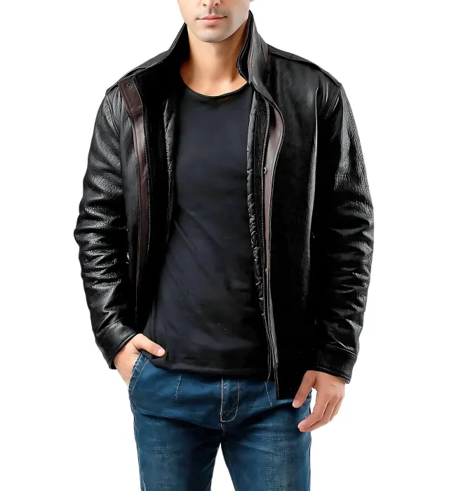 Dark Brown Double Collar Bomber Leather Jacket for Mens