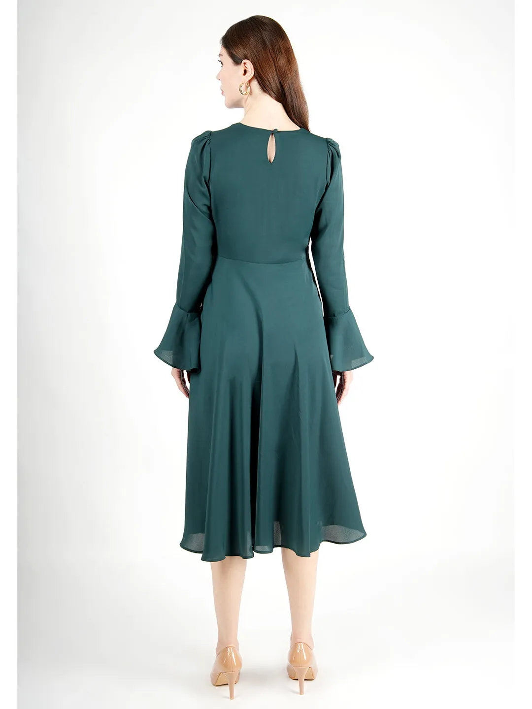 Exude Gleaming Fit & Flare Dress with Long Sleeves (Emerald Green)