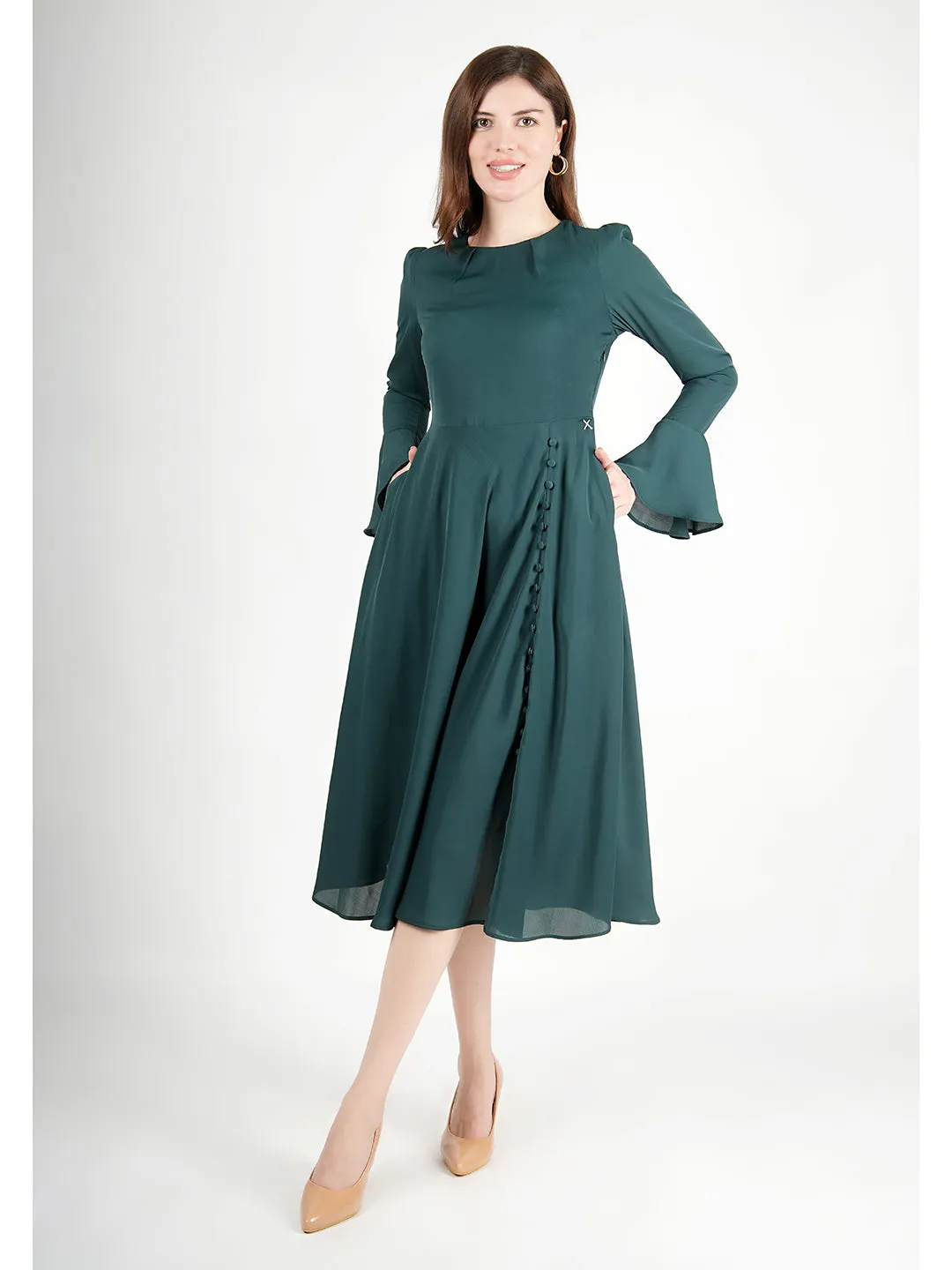 Exude Gleaming Fit & Flare Dress with Long Sleeves (Emerald Green)