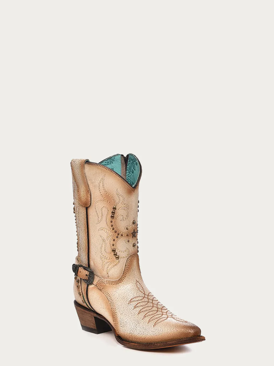 F1348 - WOMEN'S EMBROIDERY STUDS AND STRAP DISTRESSED BONE POINTED TOE COWBOY ANKLE BOOT WITH ZIPPER