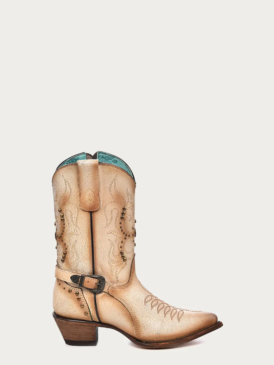 F1348 - WOMEN'S EMBROIDERY STUDS AND STRAP DISTRESSED BONE POINTED TOE COWBOY ANKLE BOOT WITH ZIPPER