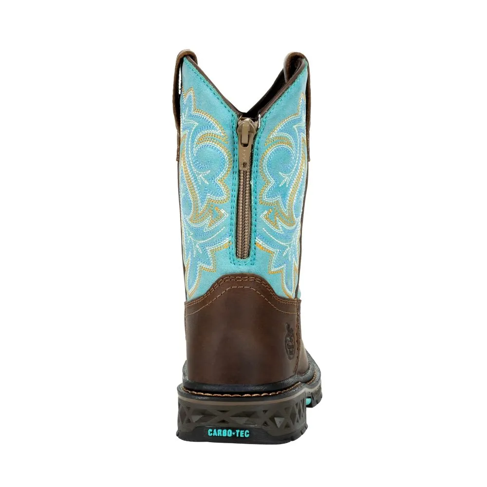 'Georgia Boot' Children's 8" Carbo-Tec Western Square Toe - Brown / Turquoise (Sizes 8.5C-3Y)