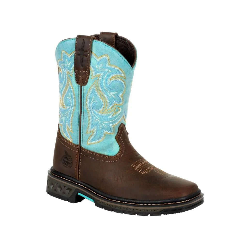 'Georgia Boot' Children's 8" Carbo-Tec Western Square Toe - Brown / Turquoise (Sizes 8.5C-3Y)