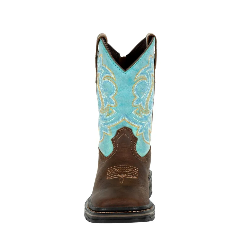 'Georgia Boot' Youth 8" Carbo-Tec Western Square Toe - Brown / Turquoise (Sizes 3.5Y-6Y)