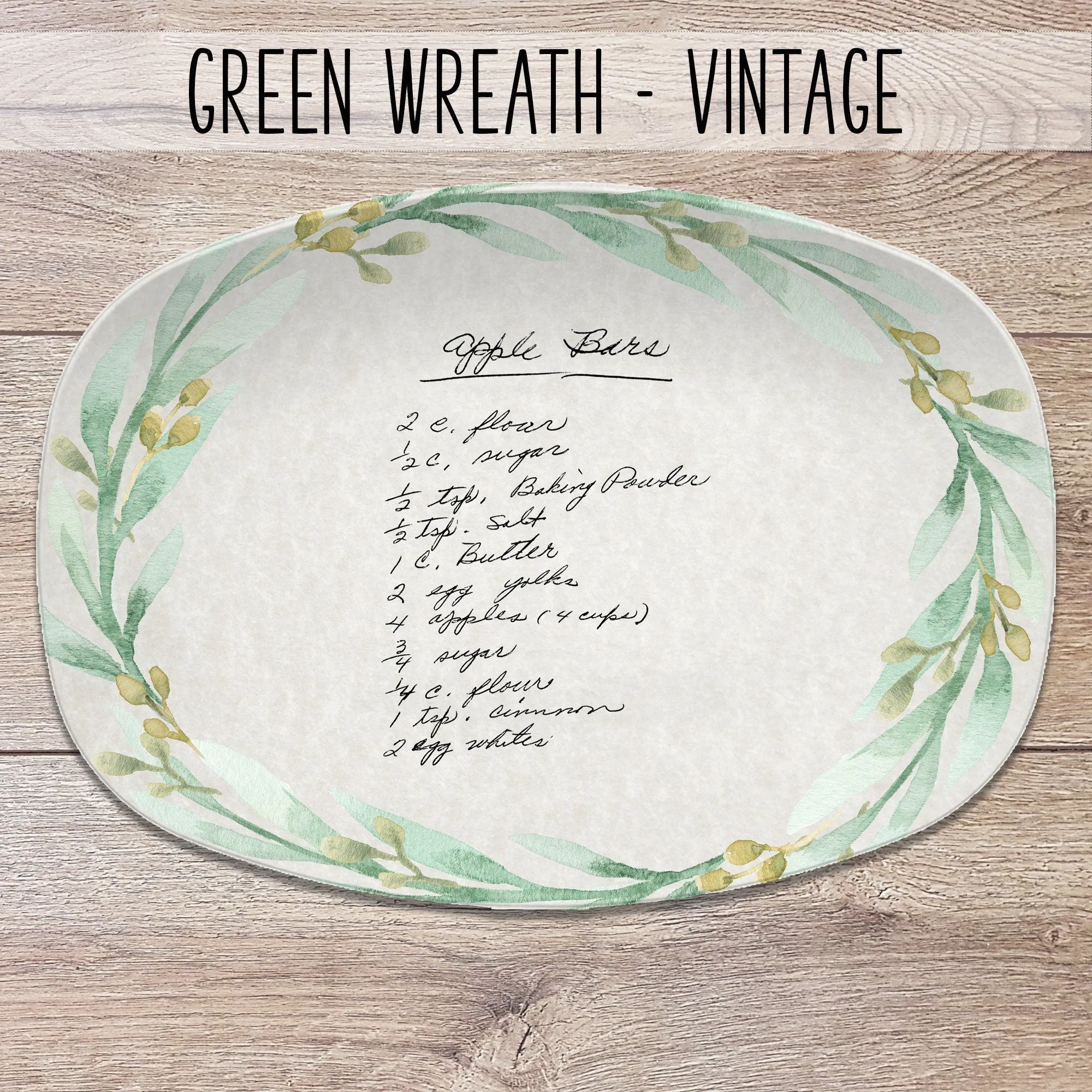 Handwritten Recipe Personalized Platter, Green Wreath Design