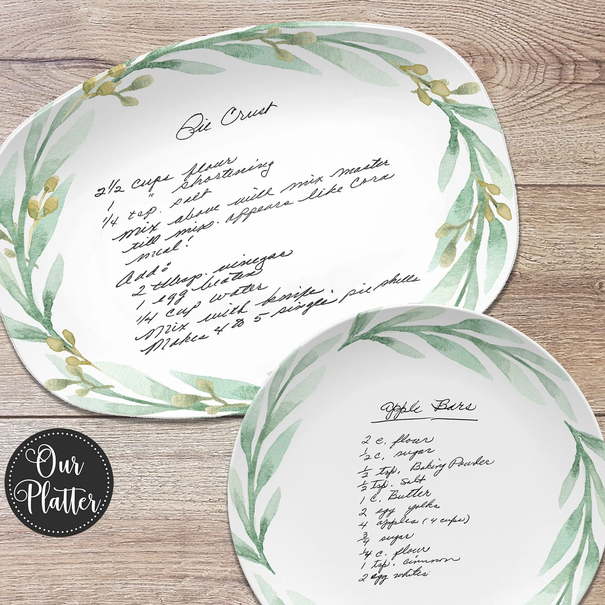 Handwritten Recipe Personalized Platter, Green Wreath Design