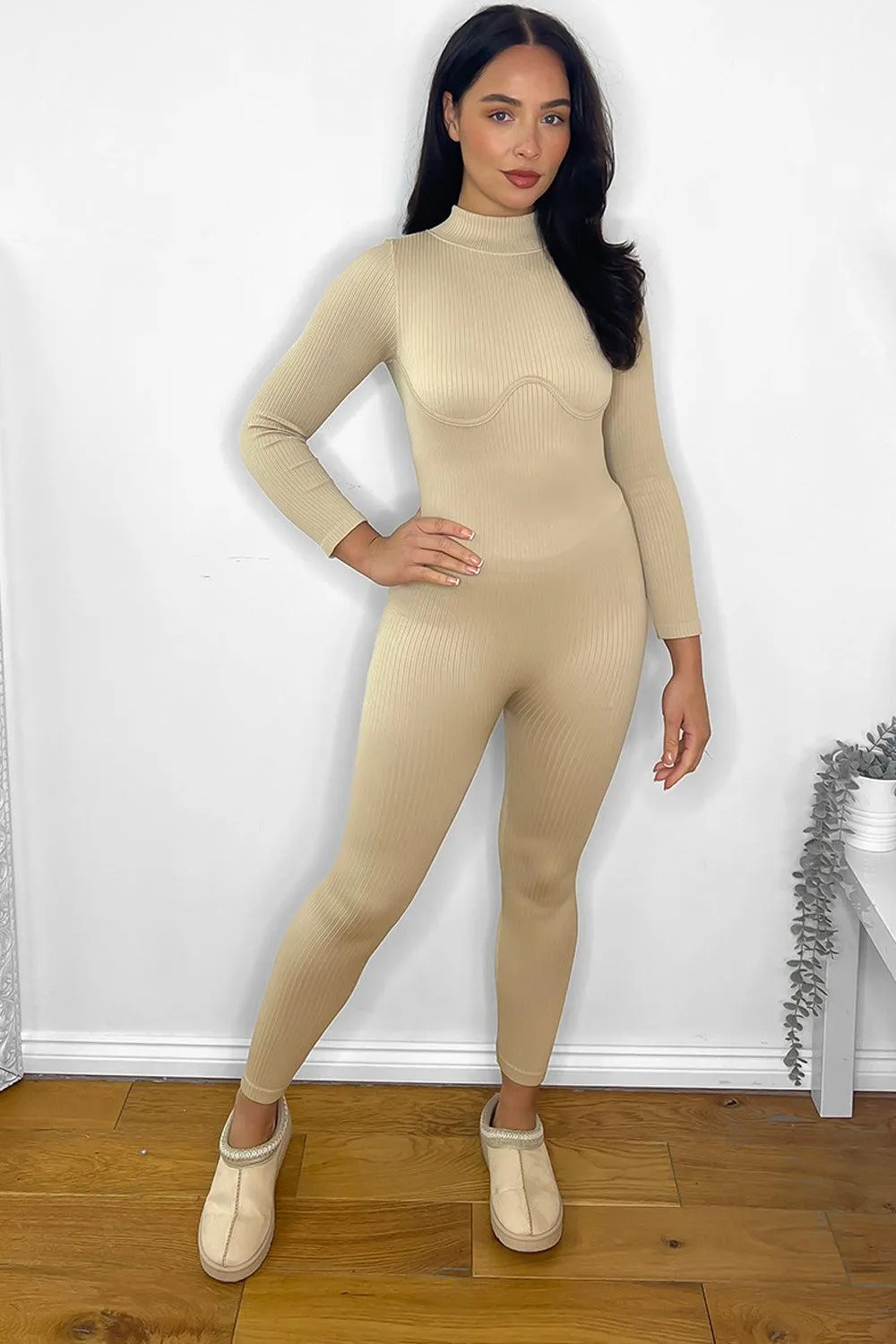 High Neck Underbust Seam Ribbed Onesie