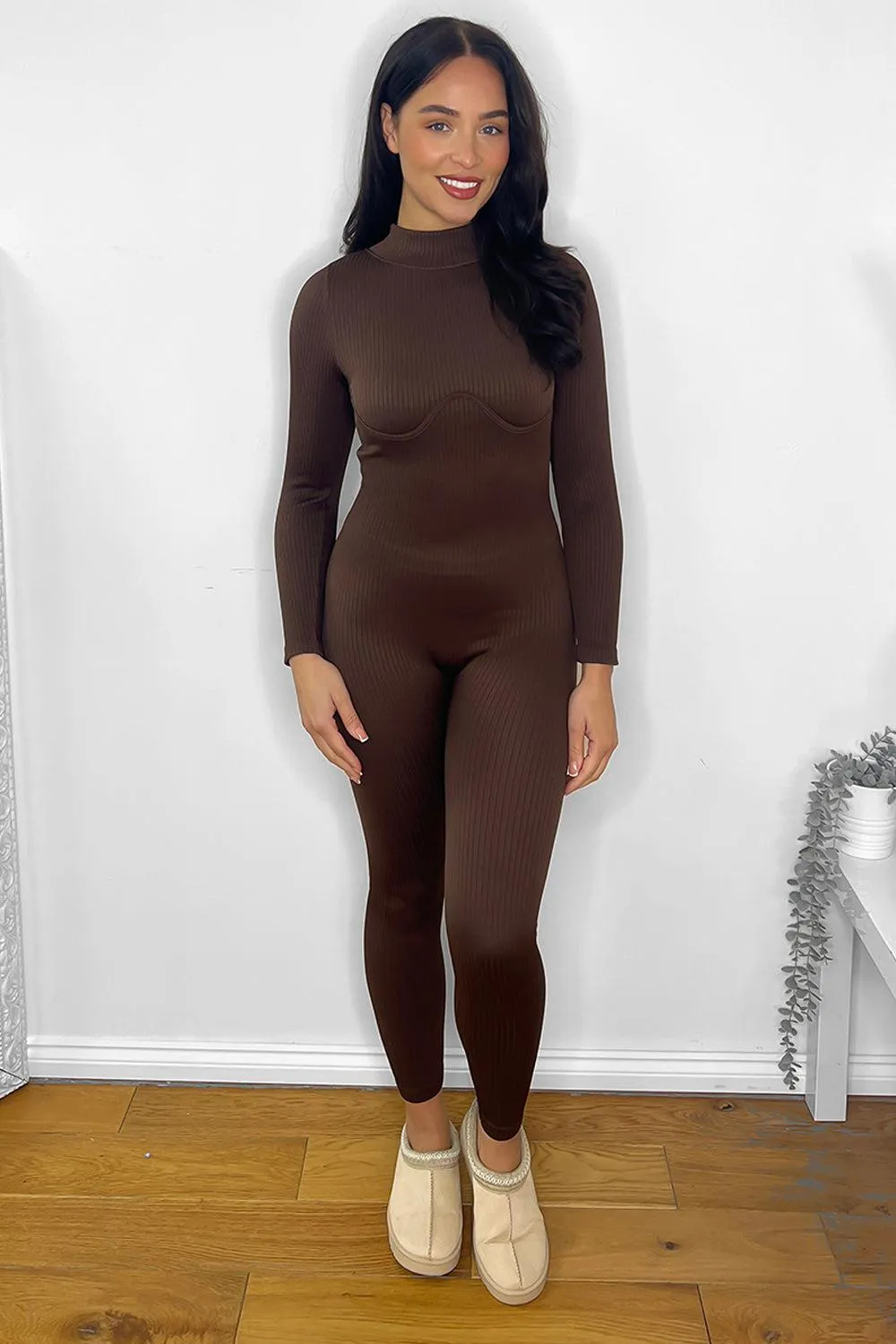 High Neck Underbust Seam Ribbed Onesie