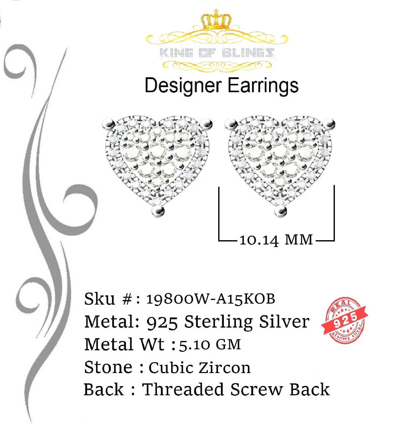 King of Blings- 1.18ct Cubic Zirconia 925 White Sterling Silver Women's Hip Hop Heart Earrings