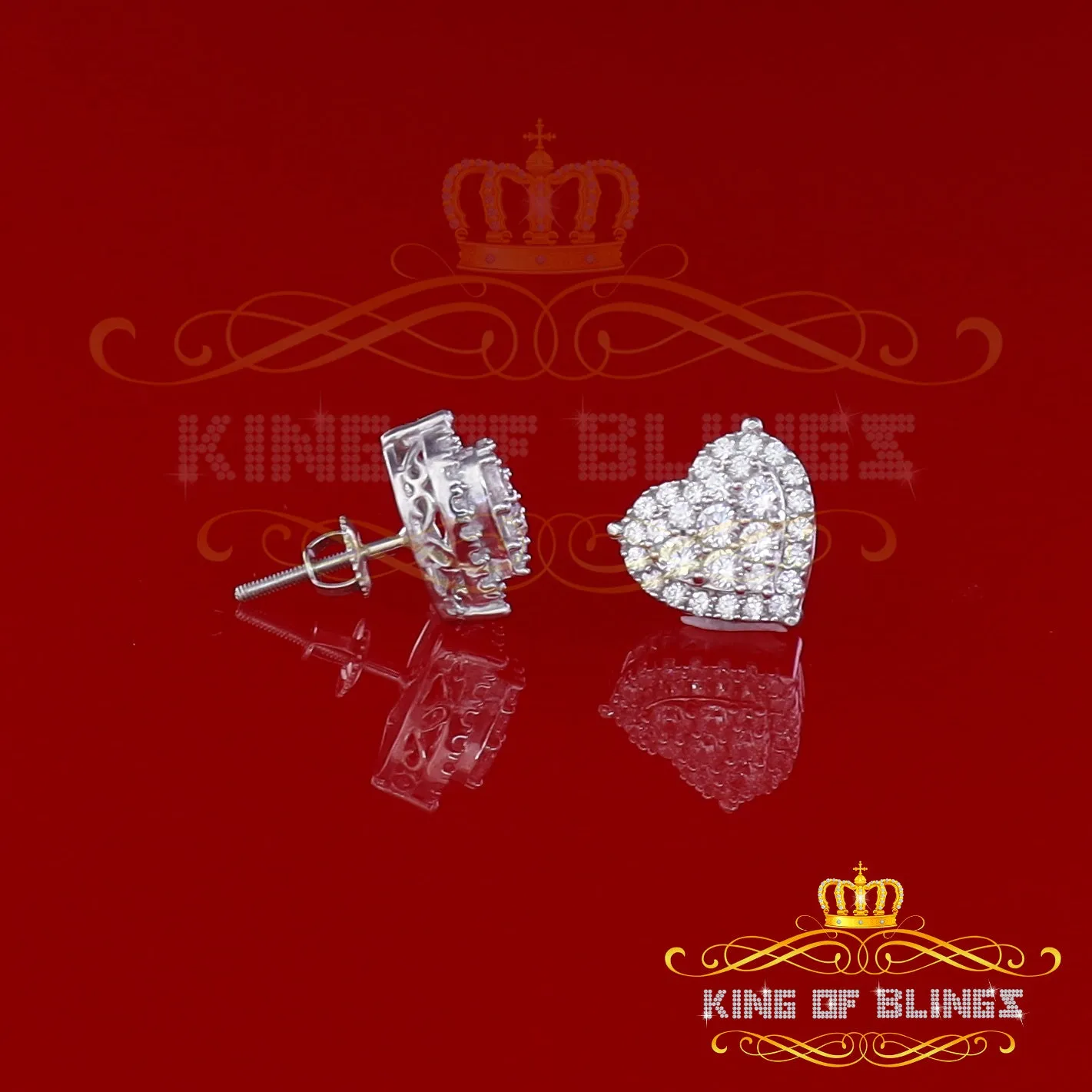 King of Blings- Aretes Para Hombre 925 White Silver 1.64ct Cubic Zirconia Heart Women's Earrings