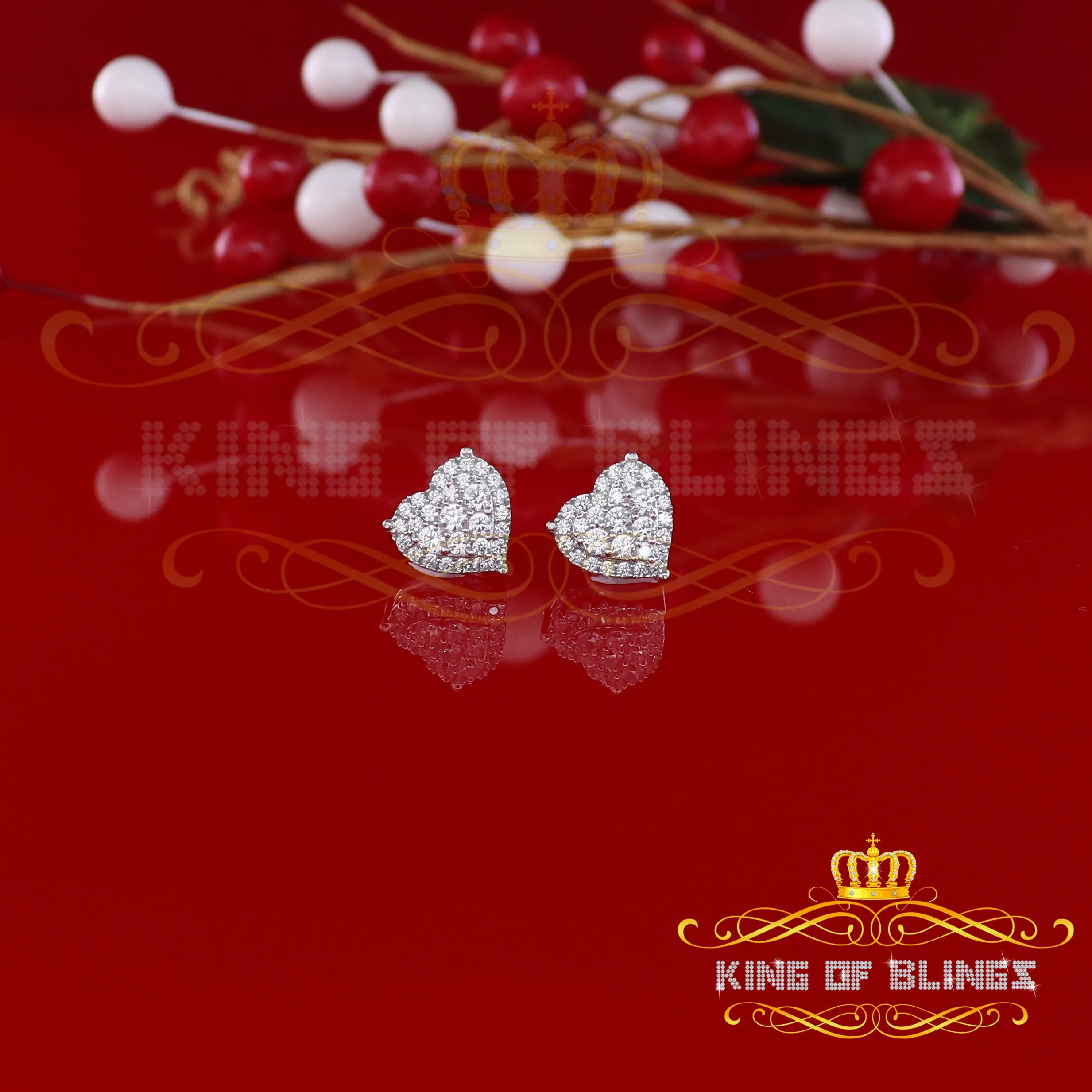 King of Blings- Aretes Para Hombre 925 White Silver 1.64ct Cubic Zirconia Heart Women's Earrings