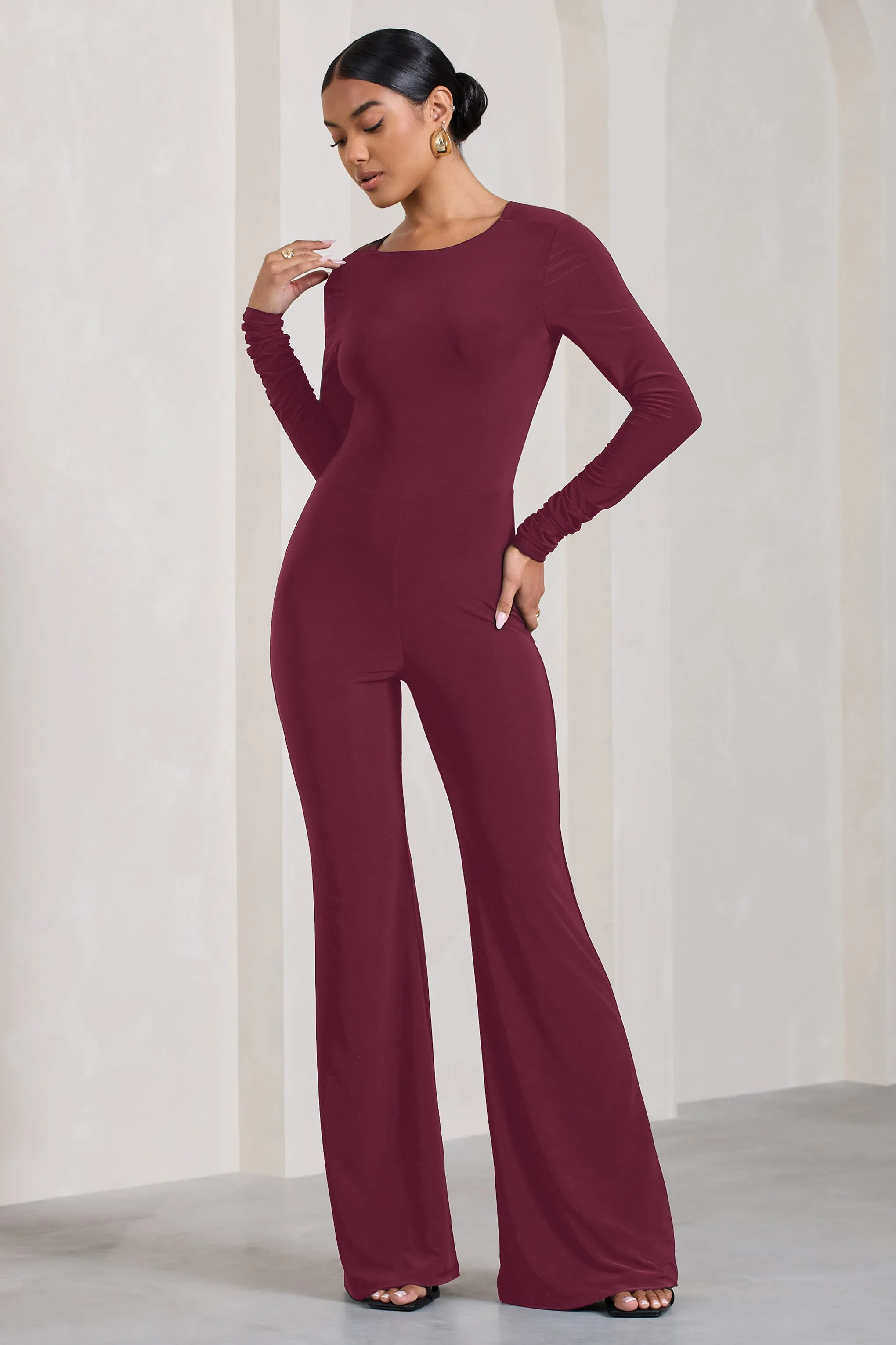 Lana | Burgundy Long-Sleeved Flared-Leg Jumpsuit