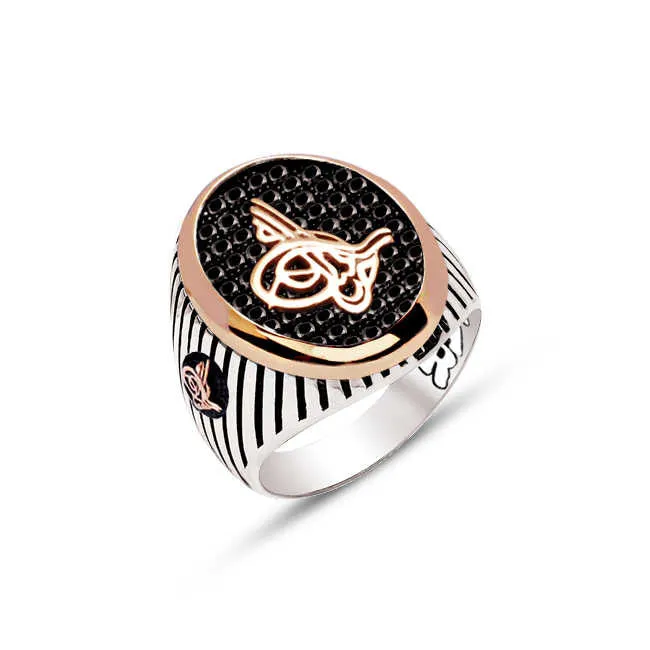 Ottoman Tughra on Black Zircon Stones Ellipse Silver Men’s Ring Siding Striped Pattern and Ottoman Tughra