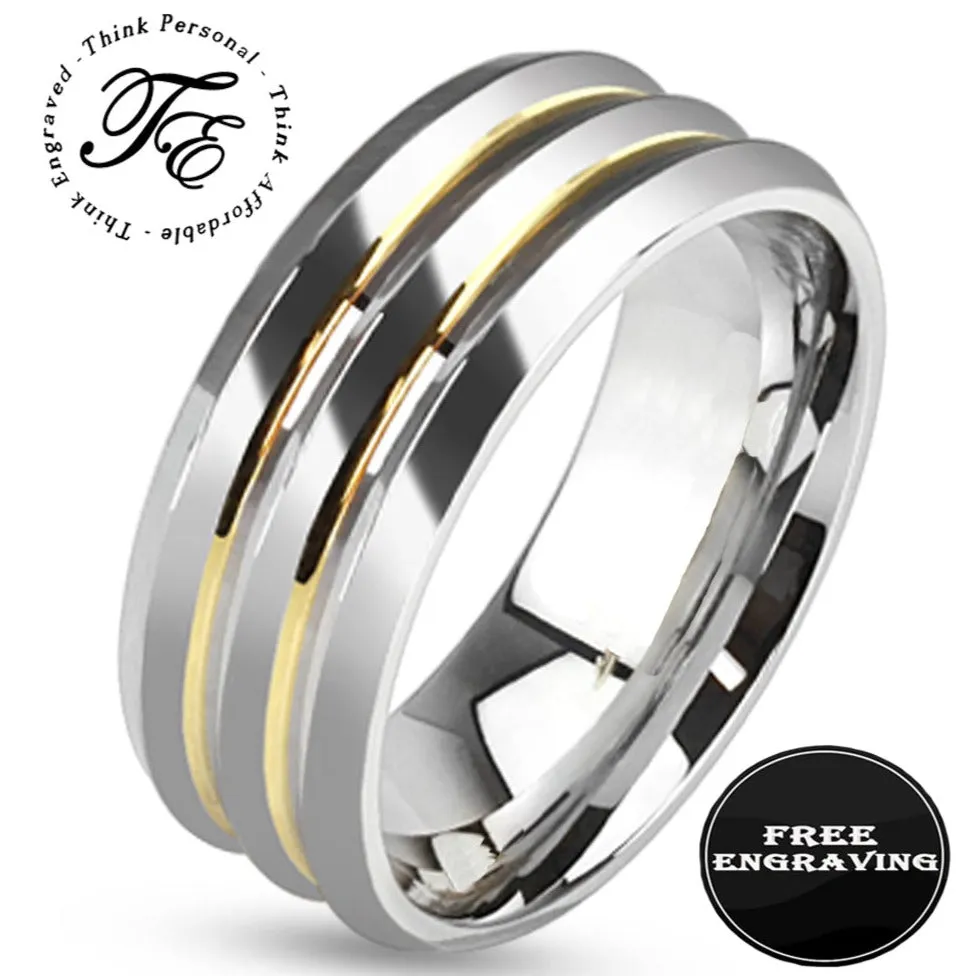 Personalized Men's Wedding Band - Double Gold Filled Grooves Stainless Steel