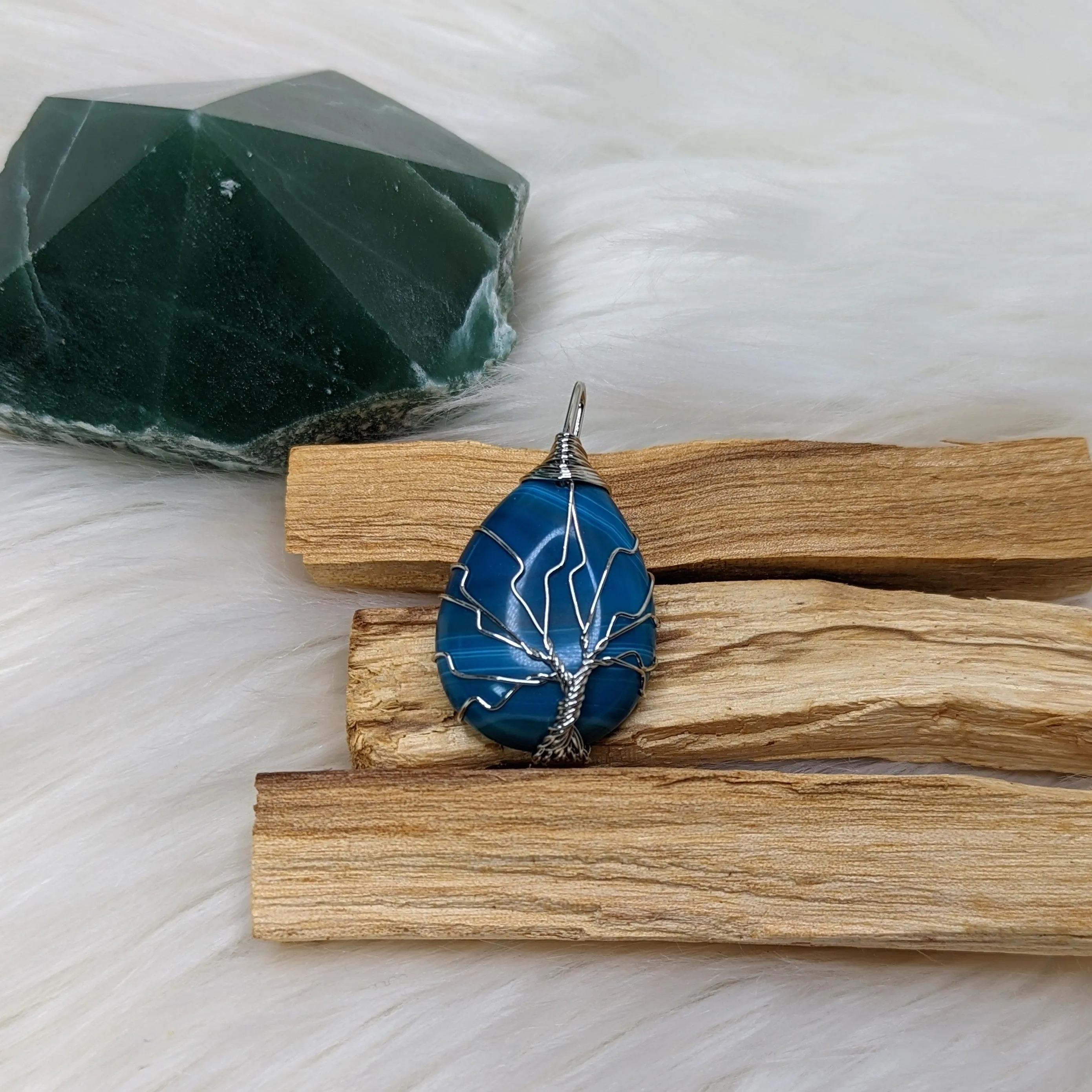 RESERVED | Bright Blue Agate Tree Of Life Pendant ~ Includes Silver Chain