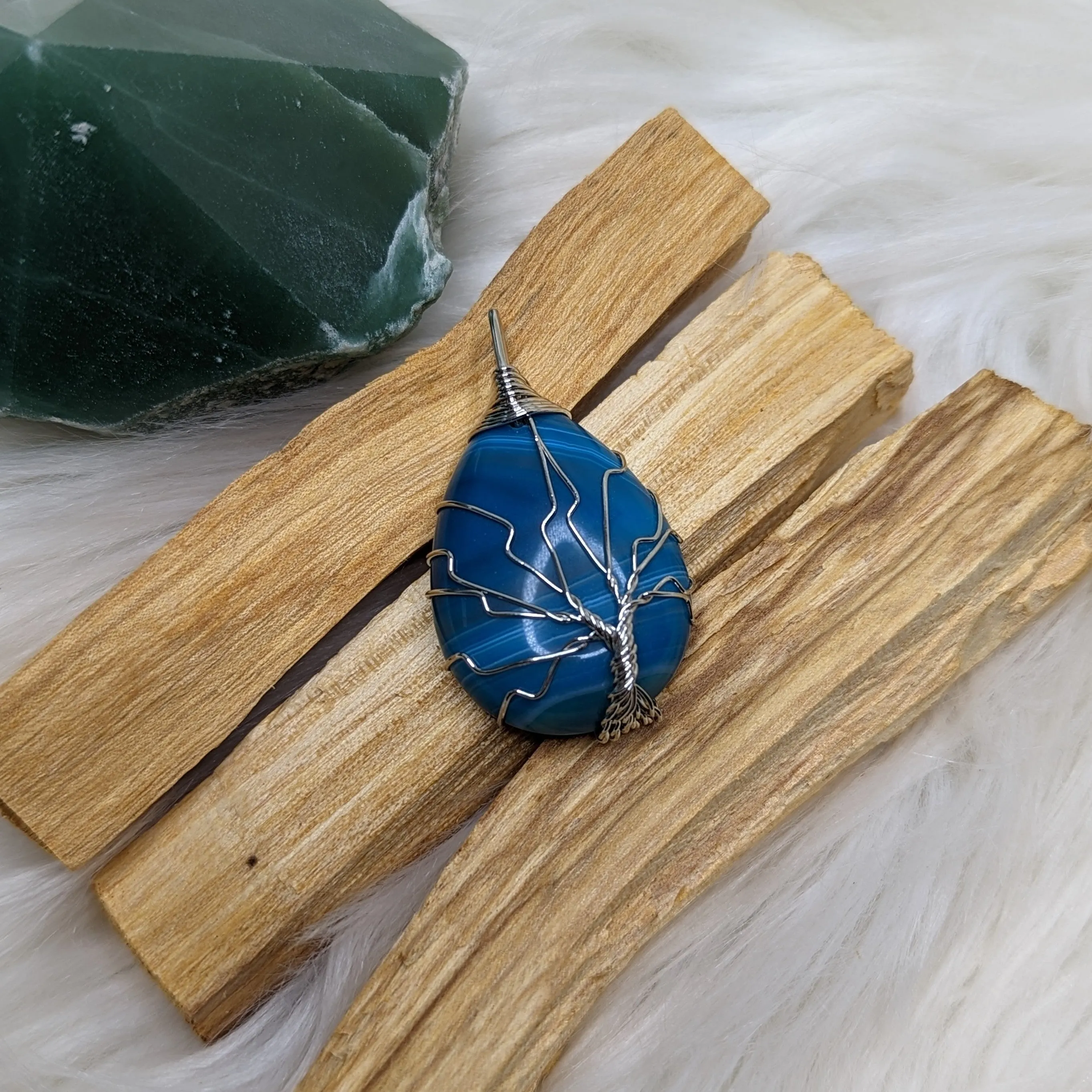 RESERVED | Bright Blue Agate Tree Of Life Pendant ~ Includes Silver Chain