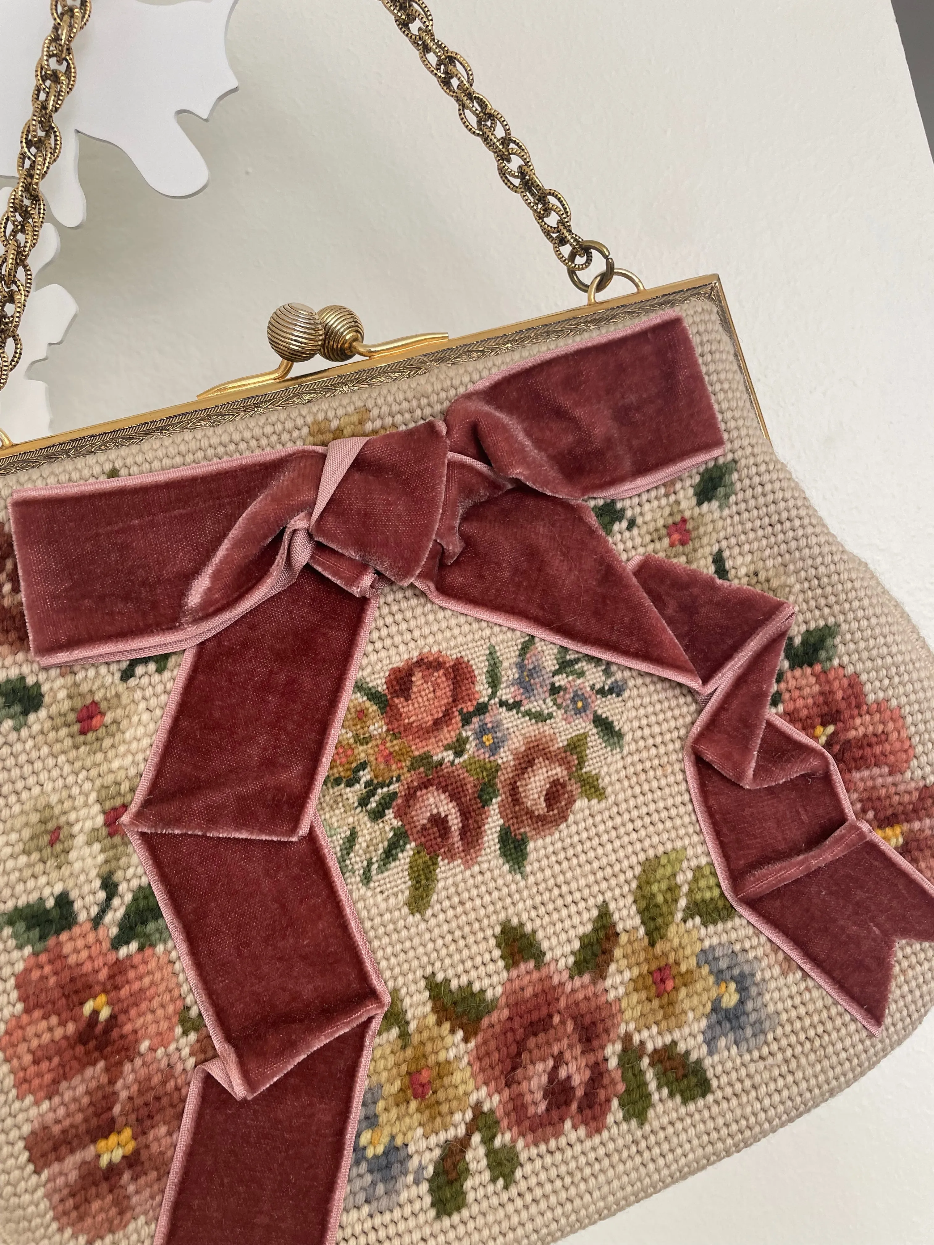 Rose Needlepoint Bow Bag