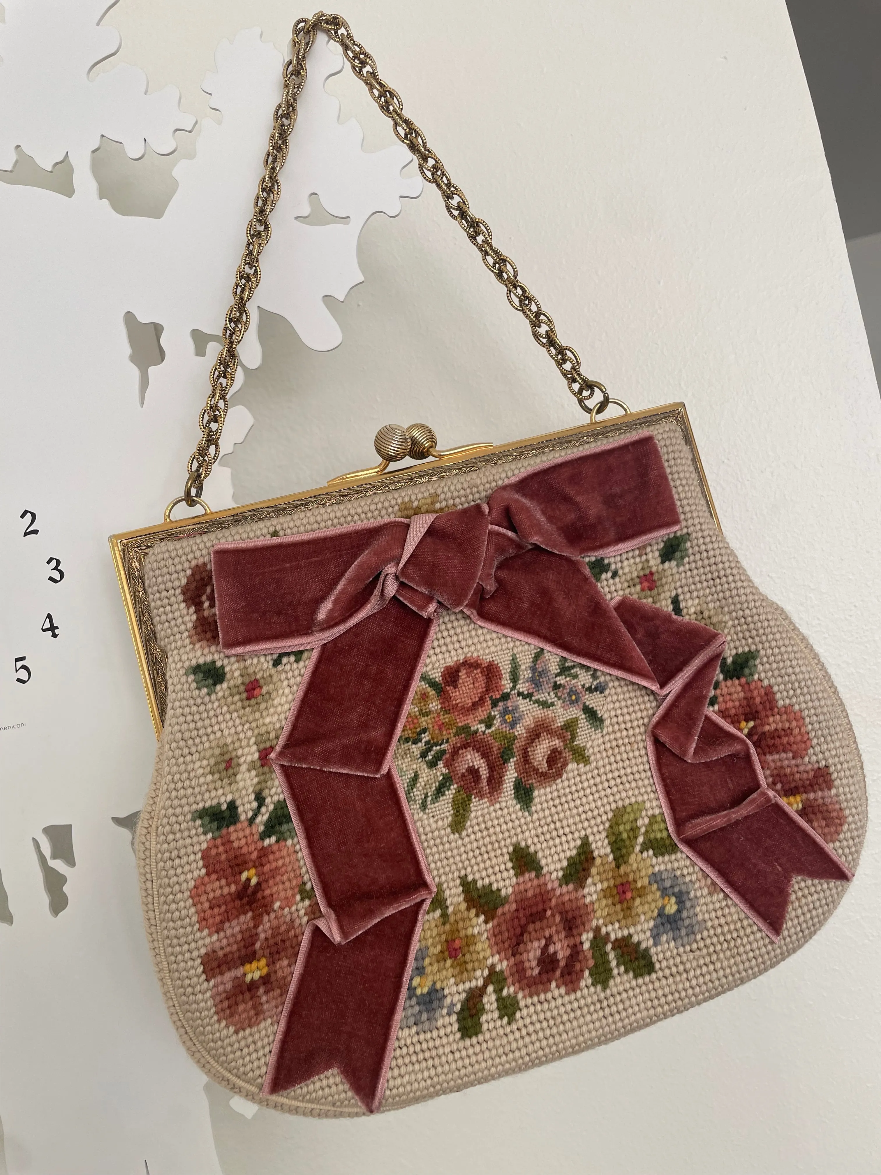 Rose Needlepoint Bow Bag