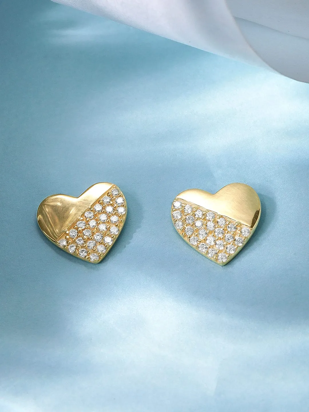 Rubans 925 Silver, 18K Gold Plated Partial Zircons Studded Heart Stud Earring.