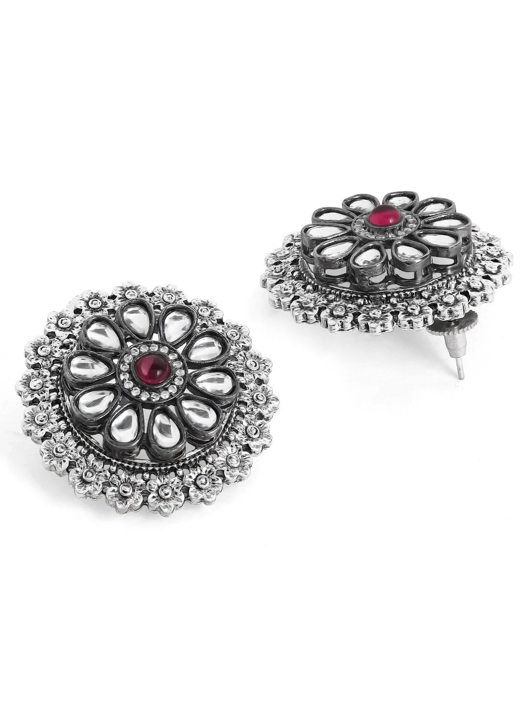 Rubans Oxidised Silver Plated Handcrafted Kundan Stud Earrings