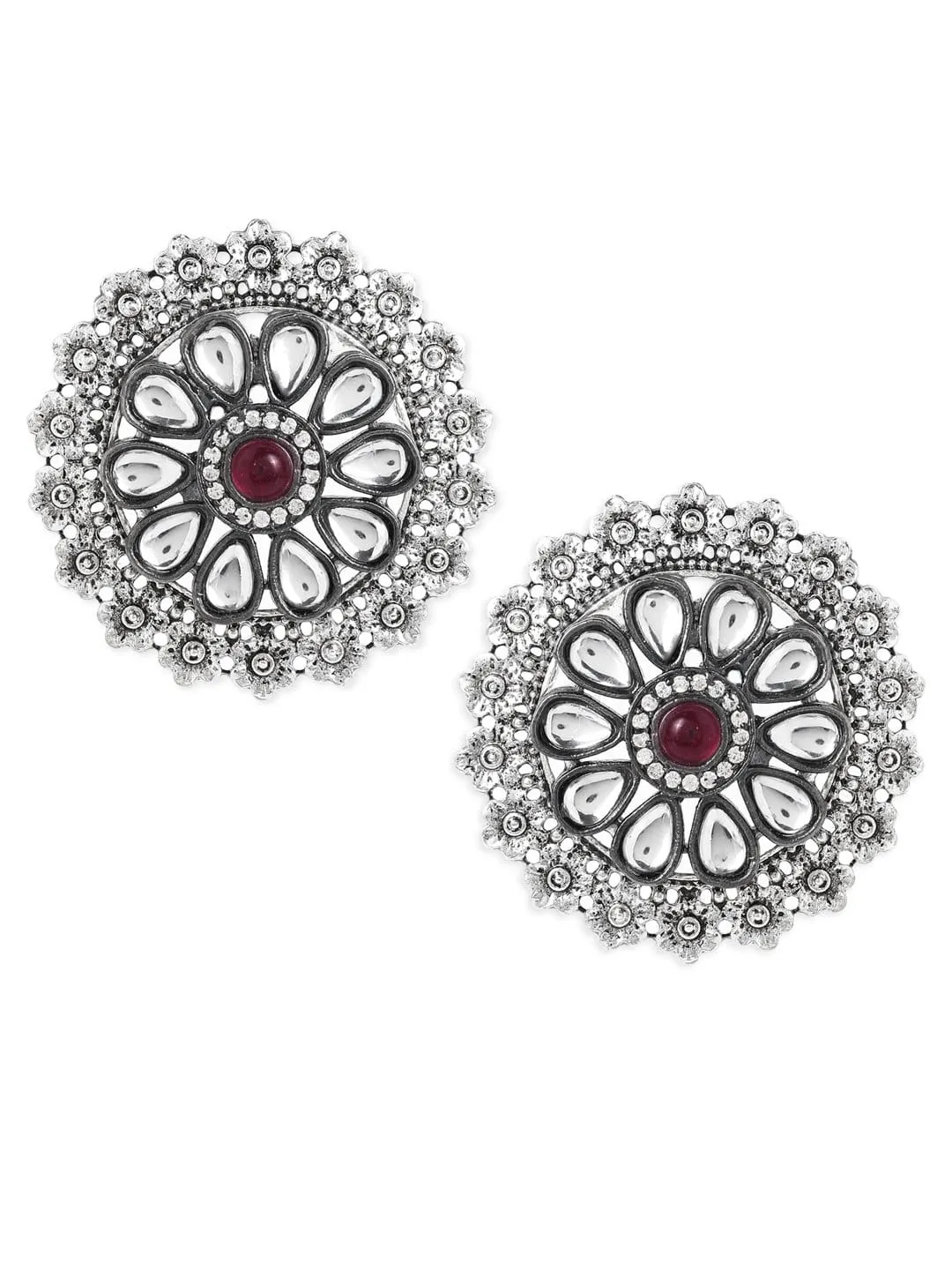 Rubans Oxidised Silver Plated Handcrafted Kundan Stud Earrings