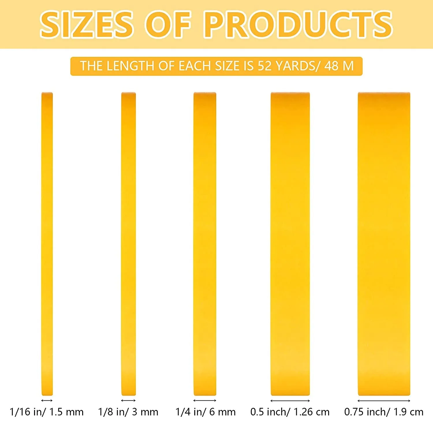 Spring 5 Rolls Pinstripe Tape 1/16, 1/8, 1/4, 1/2 and 3/4 Inch X (Yellow)