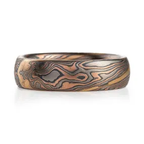 Unique Mokume Band in Twist Pattern and Embers Palette with Stratum