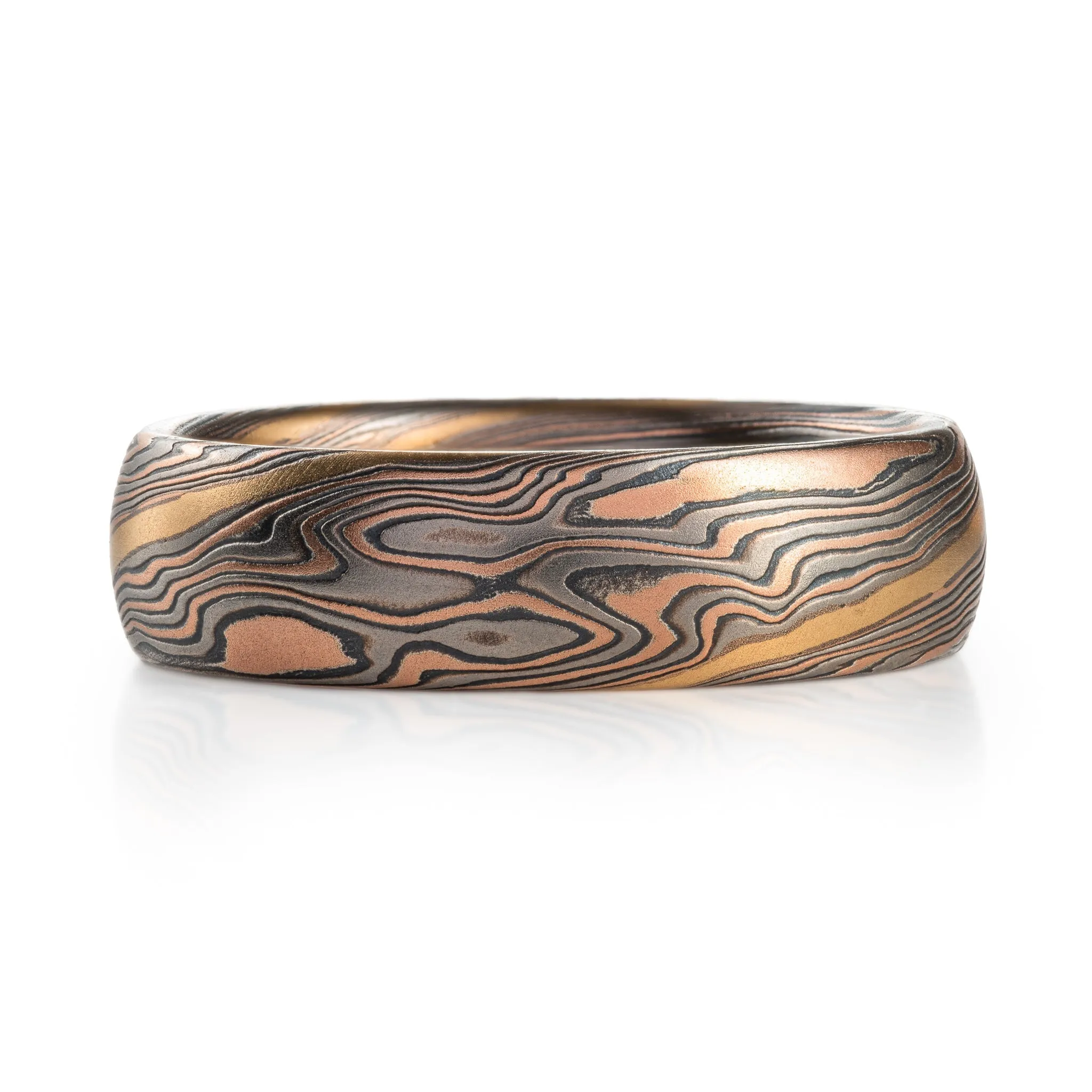 Unique Mokume Band in Twist Pattern and Embers Palette with Stratum