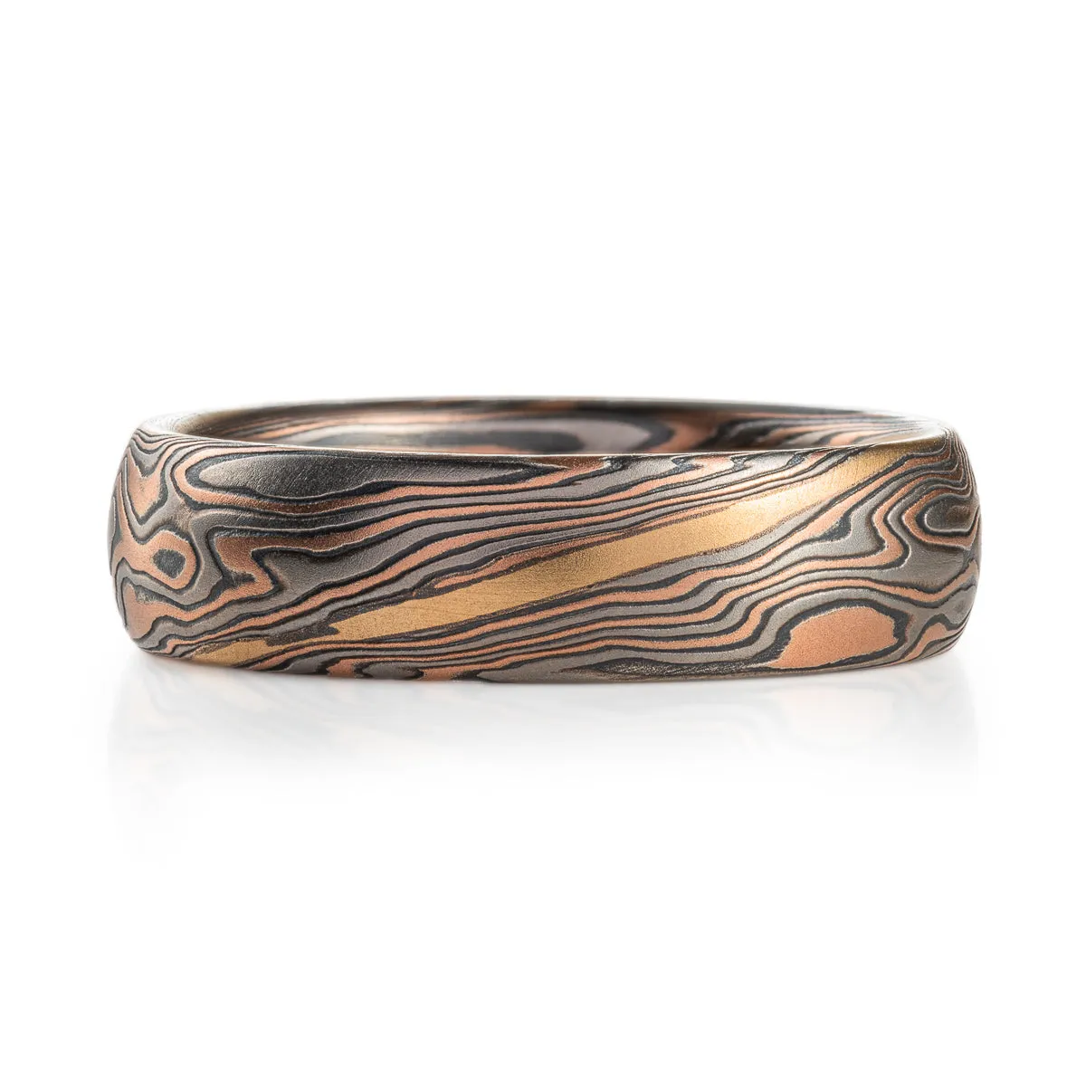 Unique Mokume Band in Twist Pattern and Embers Palette with Stratum