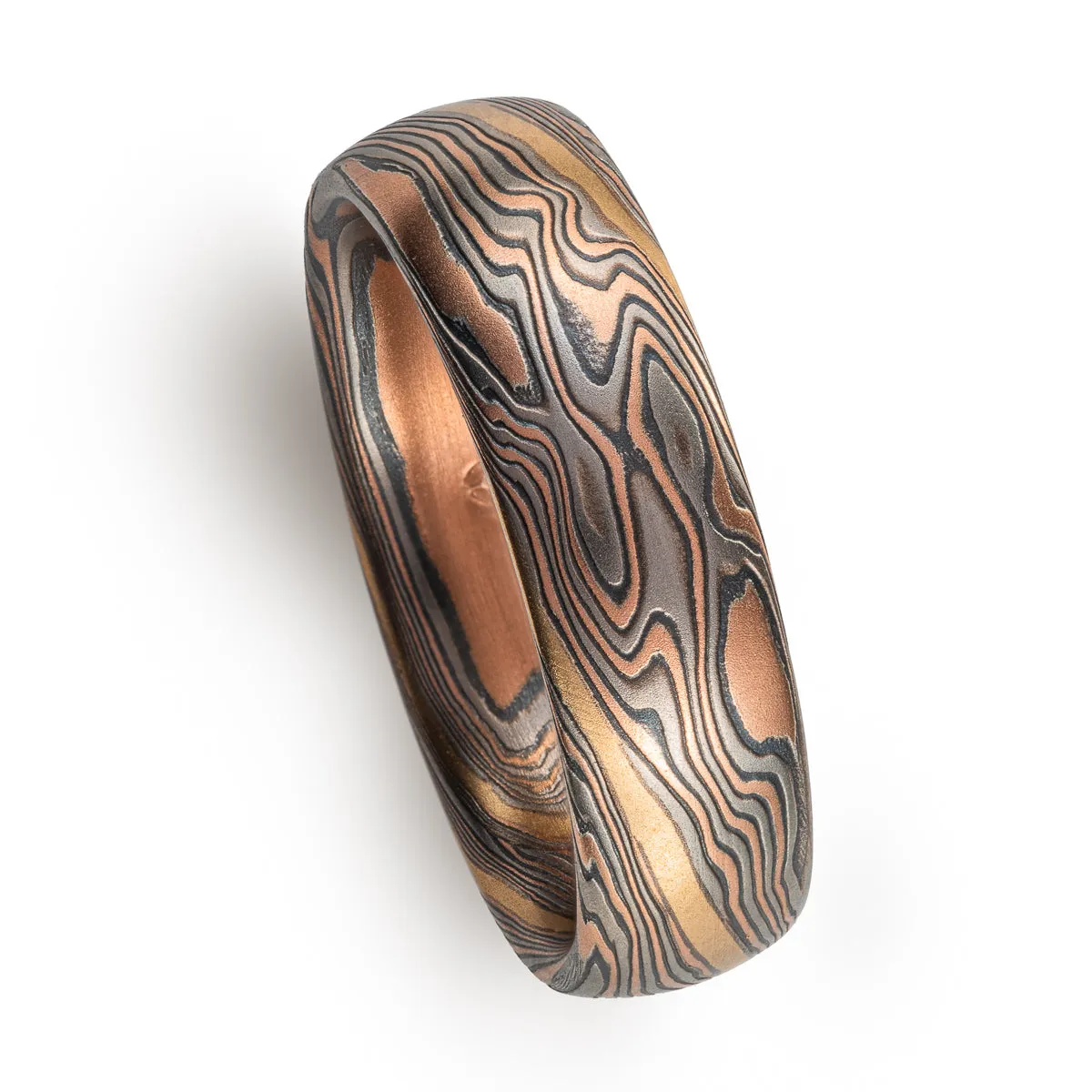 Unique Mokume Band in Twist Pattern and Embers Palette with Stratum