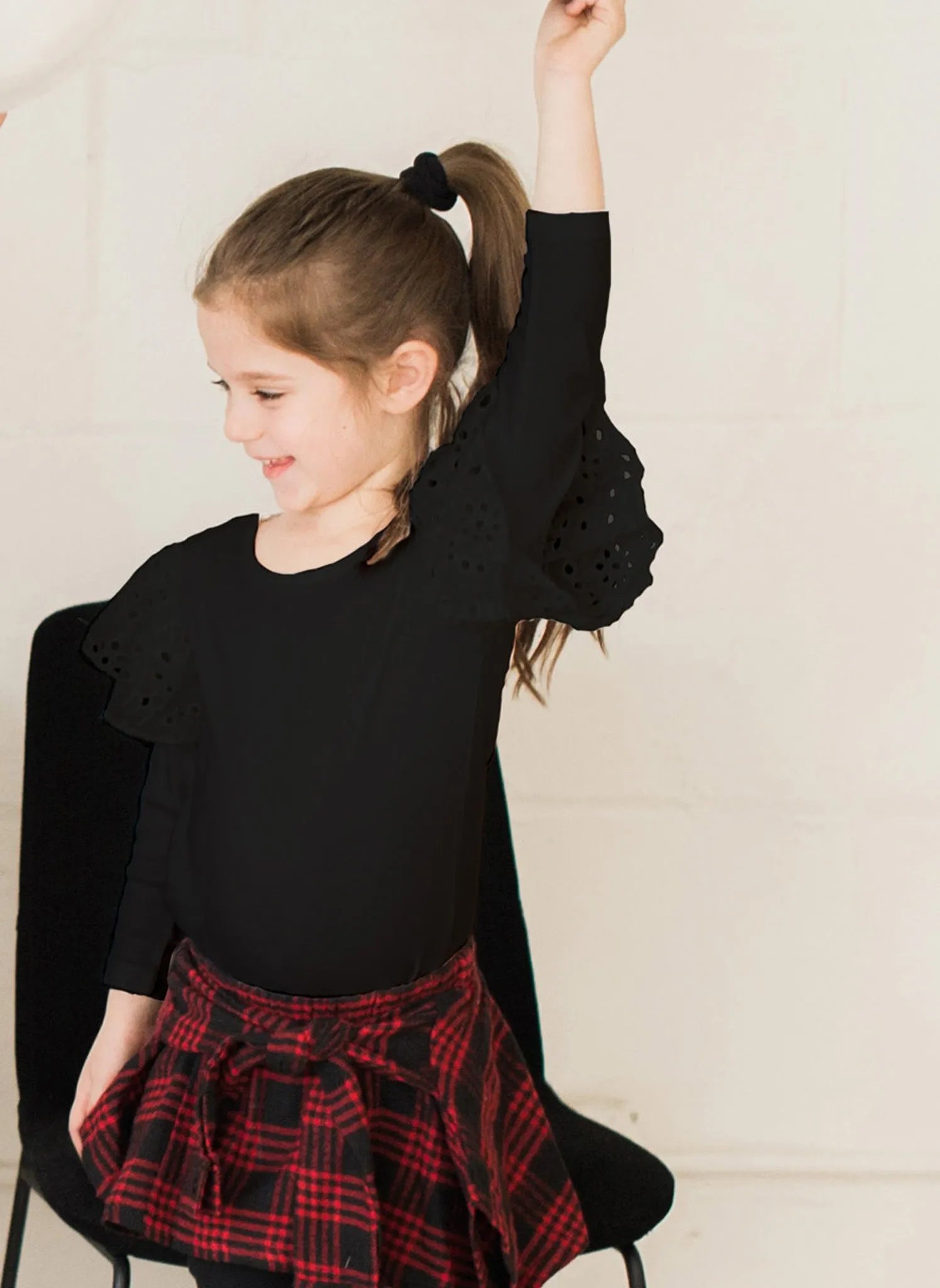 Vierra Rose Hazel Eyelet Ruffle Knit Top in Black