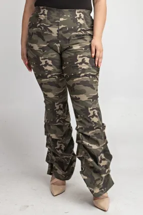 Washed Fatigue Camo Scrunched Stacked Leg Pants - PLUS