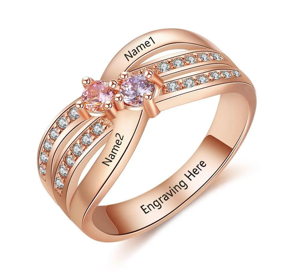 Women's Promise Ring Rose Gold IP 2 Birthstone Twin Lines